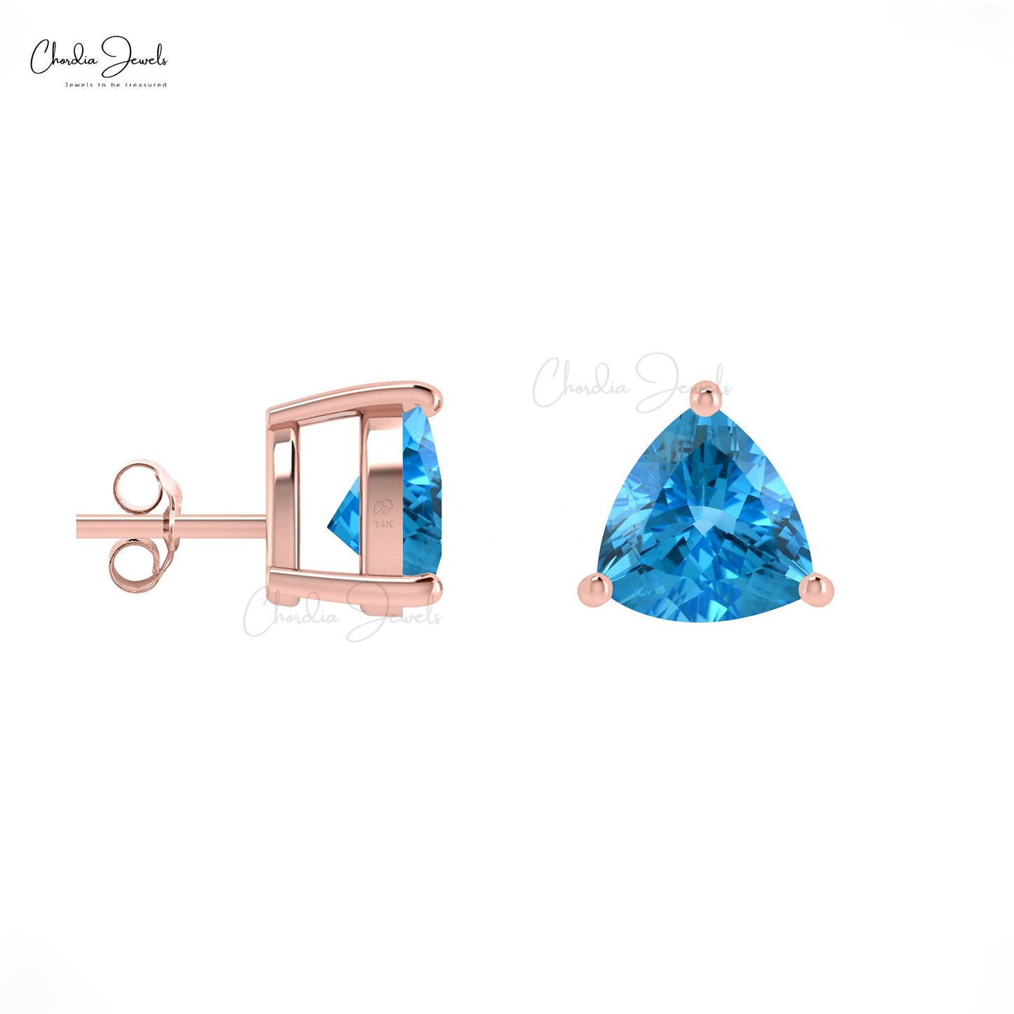 Load image into Gallery viewer, Genuine Swiss Blue Topaz Stud Earrings 14k Solid Gold 4mm Trillon Gemstone Earrings
