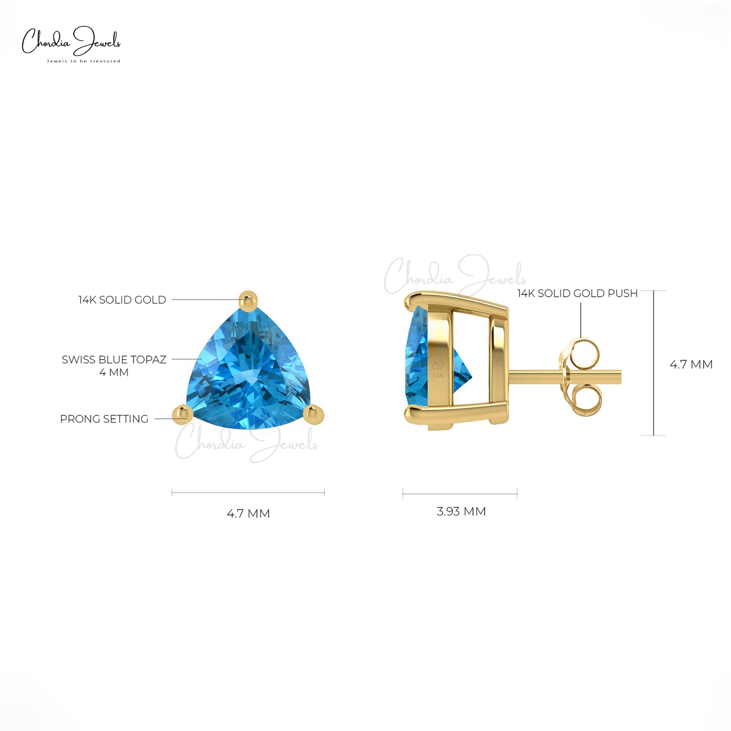 Load image into Gallery viewer, Genuine Swiss Blue Topaz Stud Earrings 14k Solid Gold 4mm Trillon Gemstone Earrings
