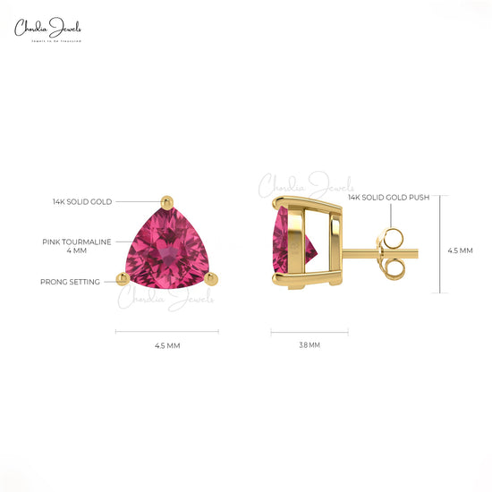 Load image into Gallery viewer, Trillion Cut 4MM Natural Pink Tourmaline Solitaire Stud Earrings
