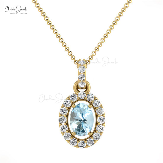 Halo Unique Pendant In 14k Solid Gold Aquamarine 0.75 Ct Gemstone Diamond Necklace