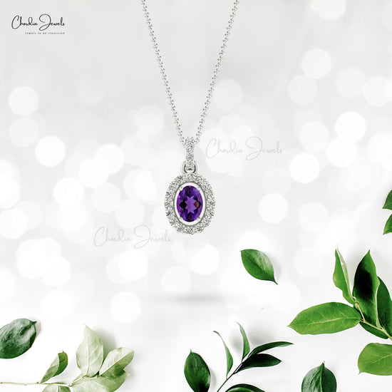 Natural Amethyst Halo Pendant In 14k Solid Gold Small Diamond Necklace For Mom