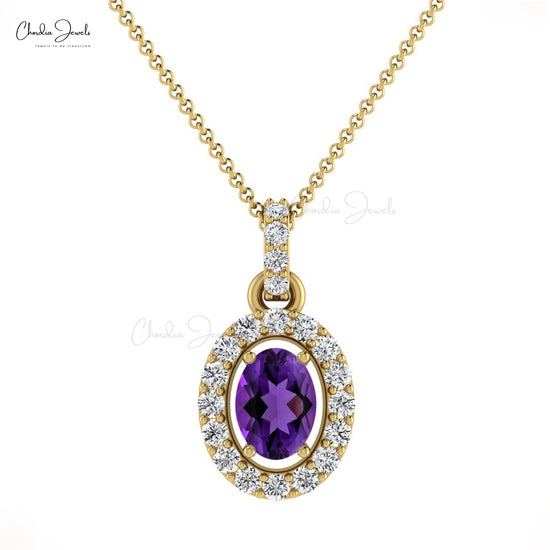 Natural Amethyst Halo Pendant In 14k Solid Gold Small Diamond Necklace For Mom