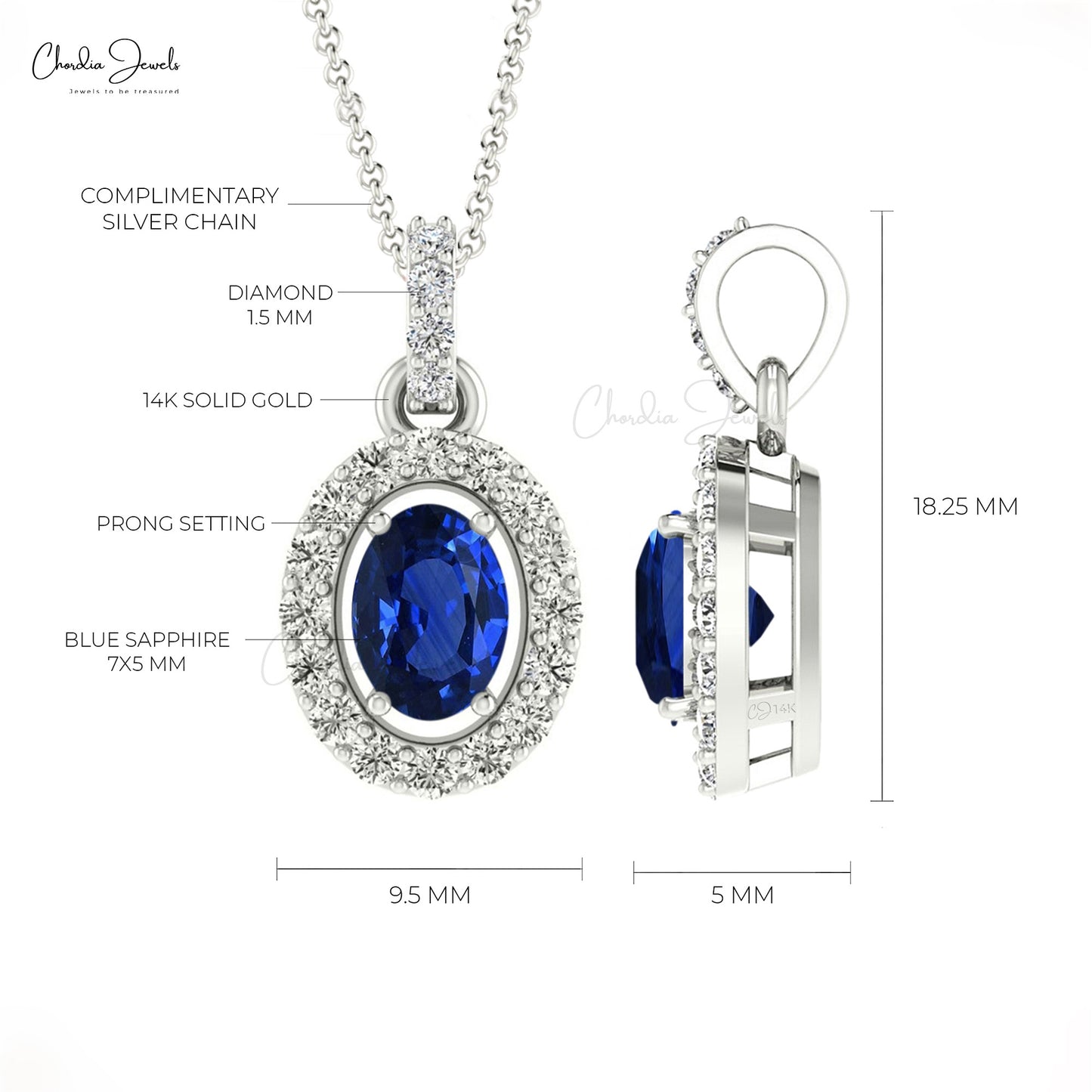 Natural Blue Sapphire Halo Pendant, 14k Solid Gold Diamond Pendant, 8x6mm Oval Faceted Gemstone Pendant Gift for Her