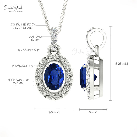 Natural Blue Sapphire Halo Pendant, 14k Solid Gold Diamond Pendant, 8x6mm Oval Faceted Gemstone Pendant Gift for Her