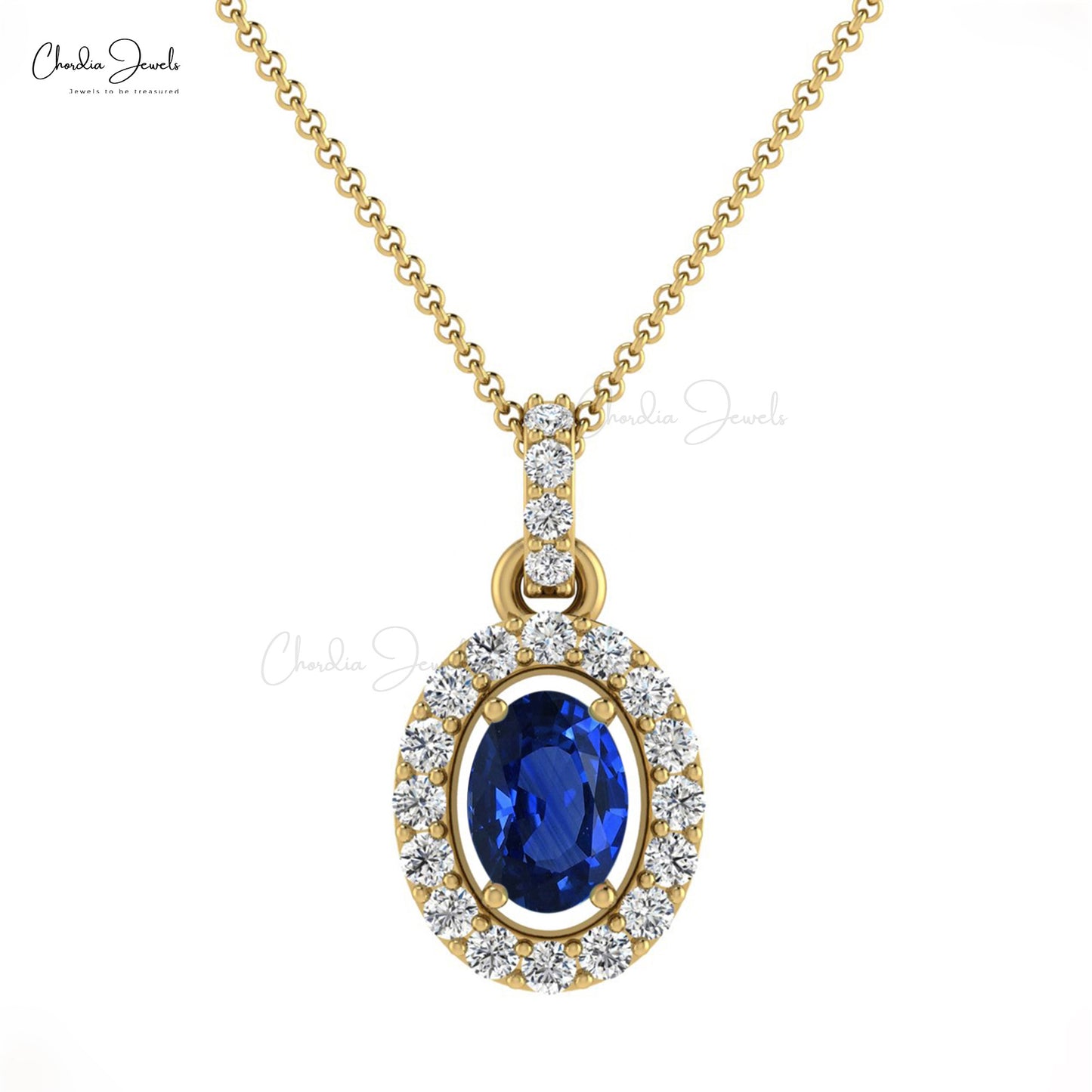 Natural Blue Sapphire Halo Pendant, 14k Solid Gold Diamond Pendant, 8x6mm Oval Faceted Gemstone Pendant Gift for Her