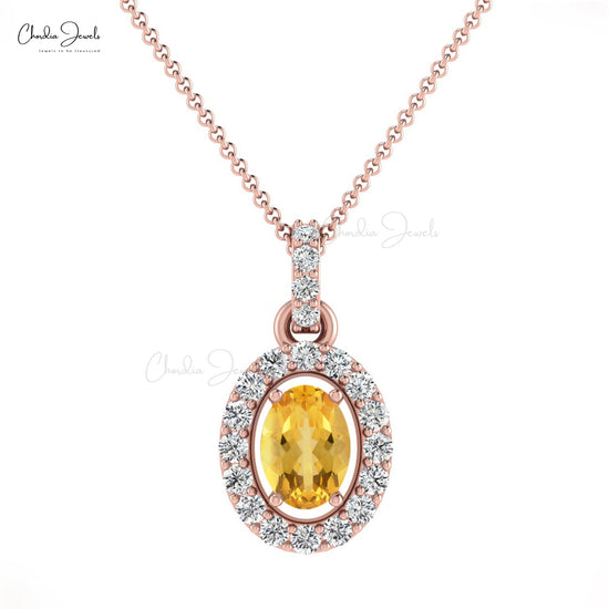 Load image into Gallery viewer, Natural Citrine Halo Pendant, 14k Solid Gold Diamond Pendant, 7x5mm Oval Faceted November Birthstone Pendant Gift for Wife

