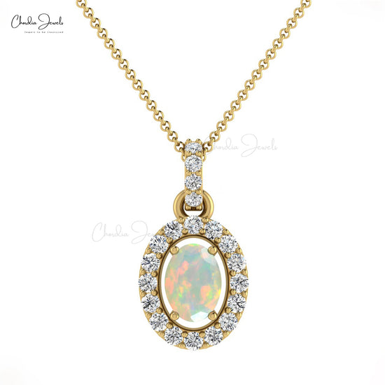 Solid 14k Gold Halo Pendant With 7x5mm Opal And Diamond Minimalist Pendants