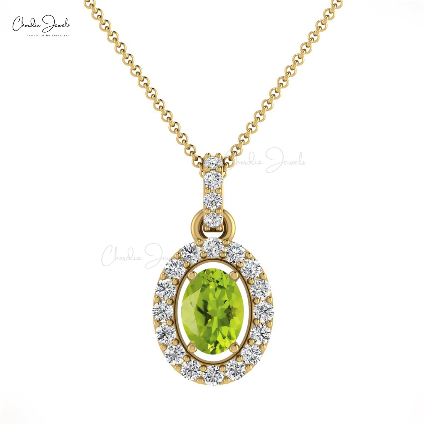 Natural Peridot and Diamond Pendant, 14k Solid Gold Gemstone Pendant, 7x5mm Oval Gemstone Prong Set Pendant Gift for Wife