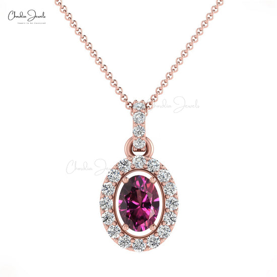 Unique Rhodolite Garnet Halo Oval Diamond Pendant 7x5 mm