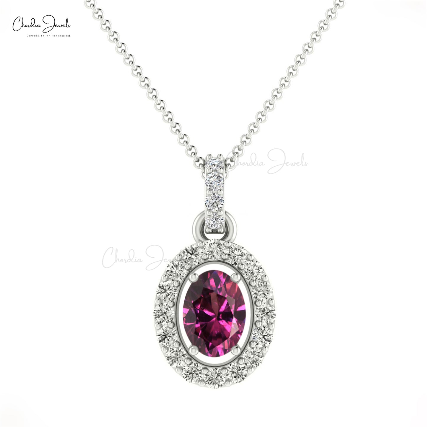 Unique Rhodolite Garnet Halo Oval Diamond Pendant 7x5 mm