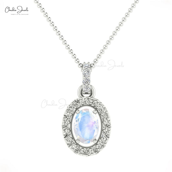 Natural Rainbow Moonstone 0.75 Carat 14k Solid Gold Diamond Pendant