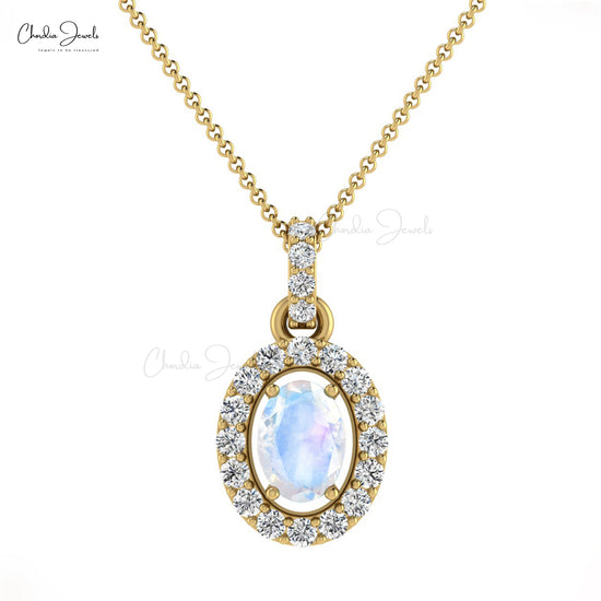 Load image into Gallery viewer, Natural Rainbow Moonstone 0.75 Carat 14k Solid Gold Diamond Pendant

