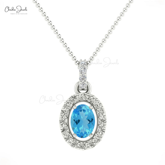 Dazzling Swiss Blue Topaz Diamond Halo Oval Pendant 7x5 mm