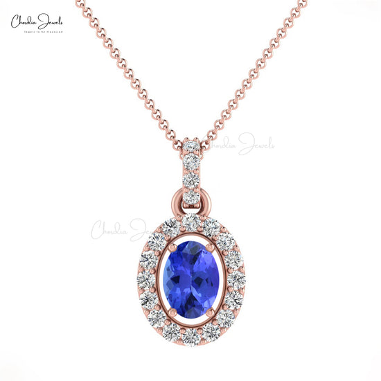 Natural Tanzanite Halo Pendant Necklace For Her Real 14k Gold Natural White Diamond Anniversary Gift For Wife