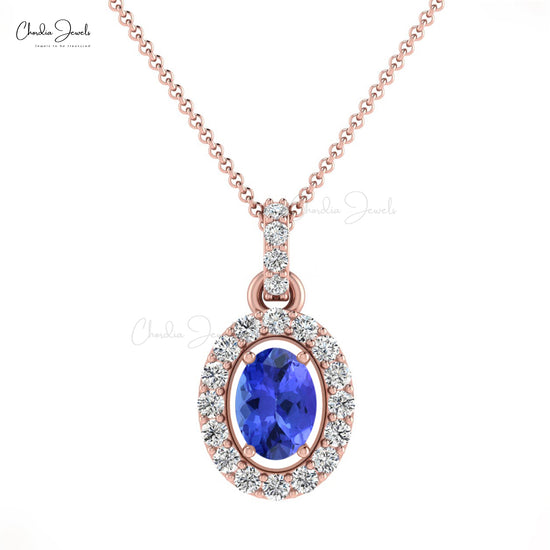 Load image into Gallery viewer, Natural Tanzanite Halo Pendant Necklace For Her Real 14k Gold Natural White Diamond Anniversary Gift For Wife
