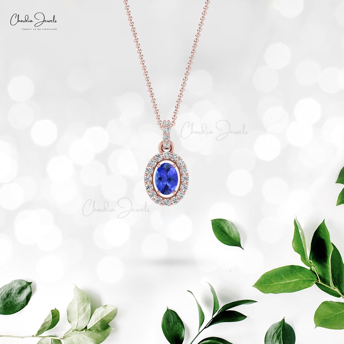 Natural Tanzanite Halo Pendant Necklace For Her Real 14k Gold Natural White Diamond Anniversary Gift For Wife