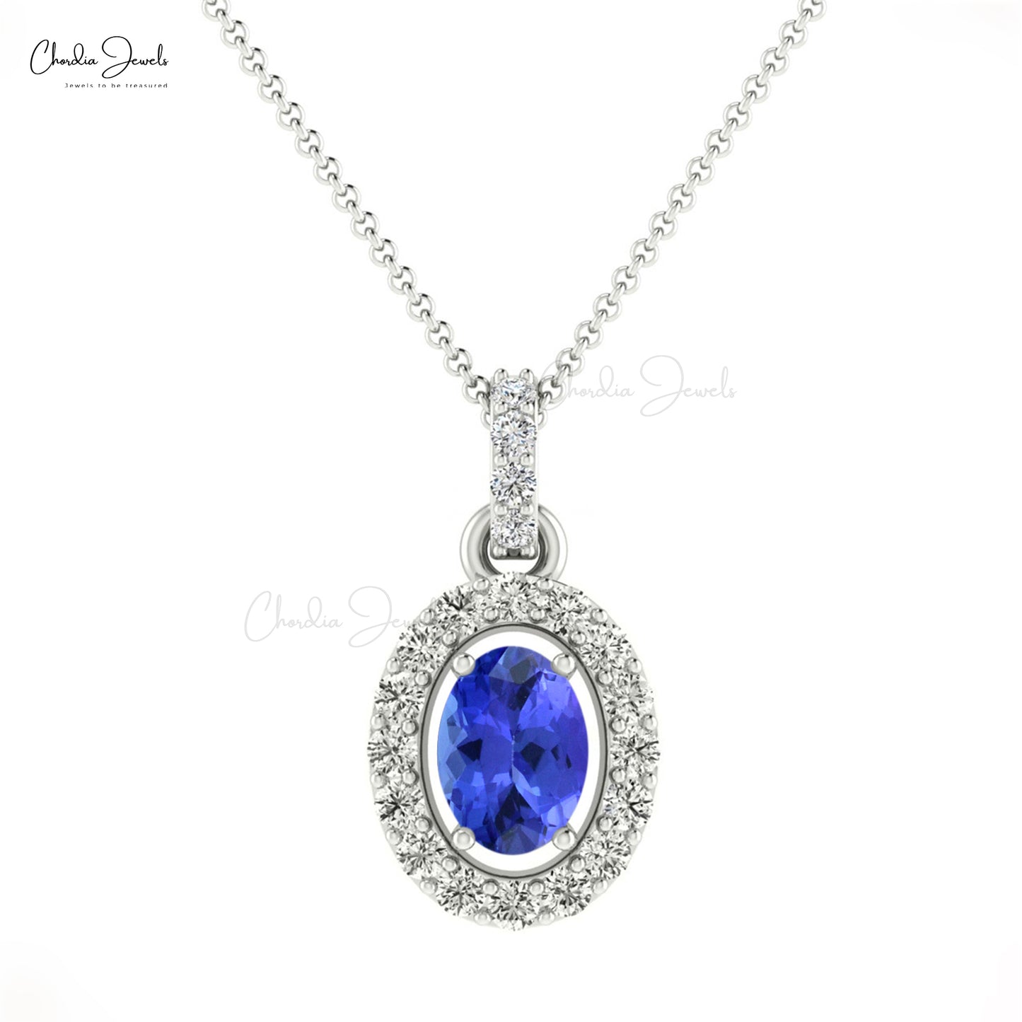 Natural Tanzanite Halo Pendant Necklace For Her Real 14k Gold Natural White Diamond Anniversary Gift For Wife