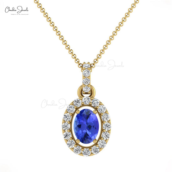 Natural Tanzanite Halo Pendant Necklace For Her Real 14k Gold Natural White Diamond Anniversary Gift For Wife