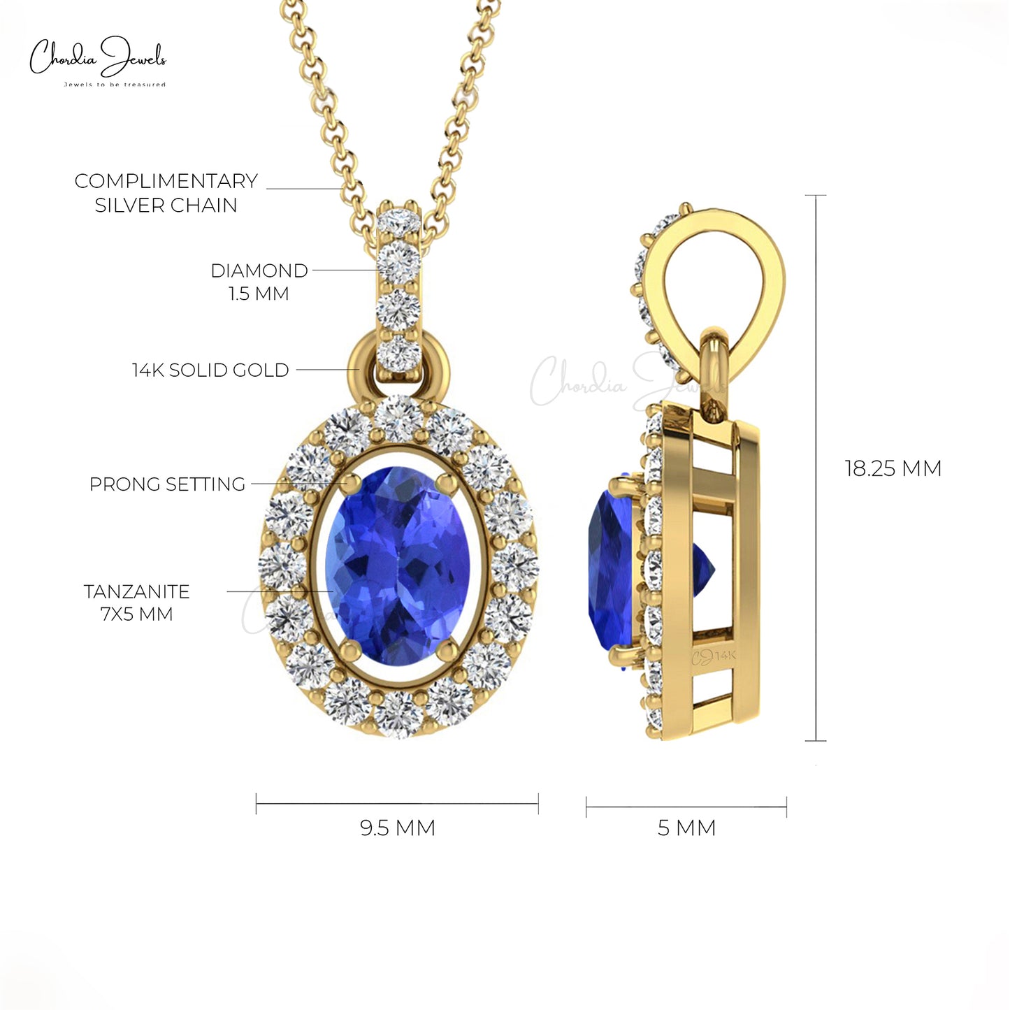 Natural Tanzanite Halo Pendant Necklace For Her Real 14k Gold Natural White Diamond Anniversary Gift For Wife