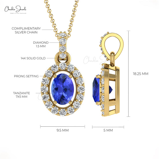 Natural Tanzanite Halo Pendant Necklace For Her Real 14k Gold Natural White Diamond Anniversary Gift For Wife