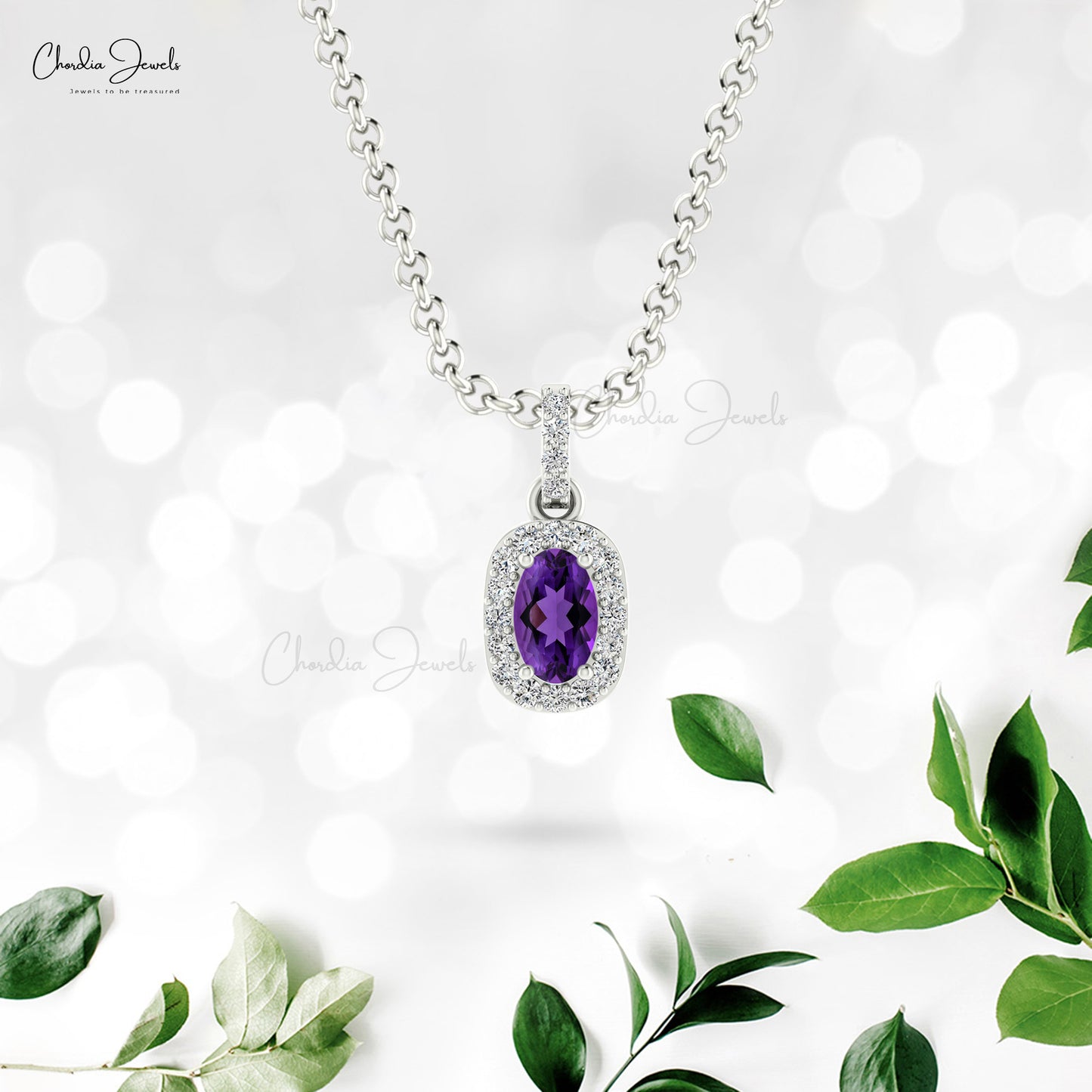 Dangle Oval Pendant In 14k Solid Gold Amethyst And Pave Diamond Halo Necklace