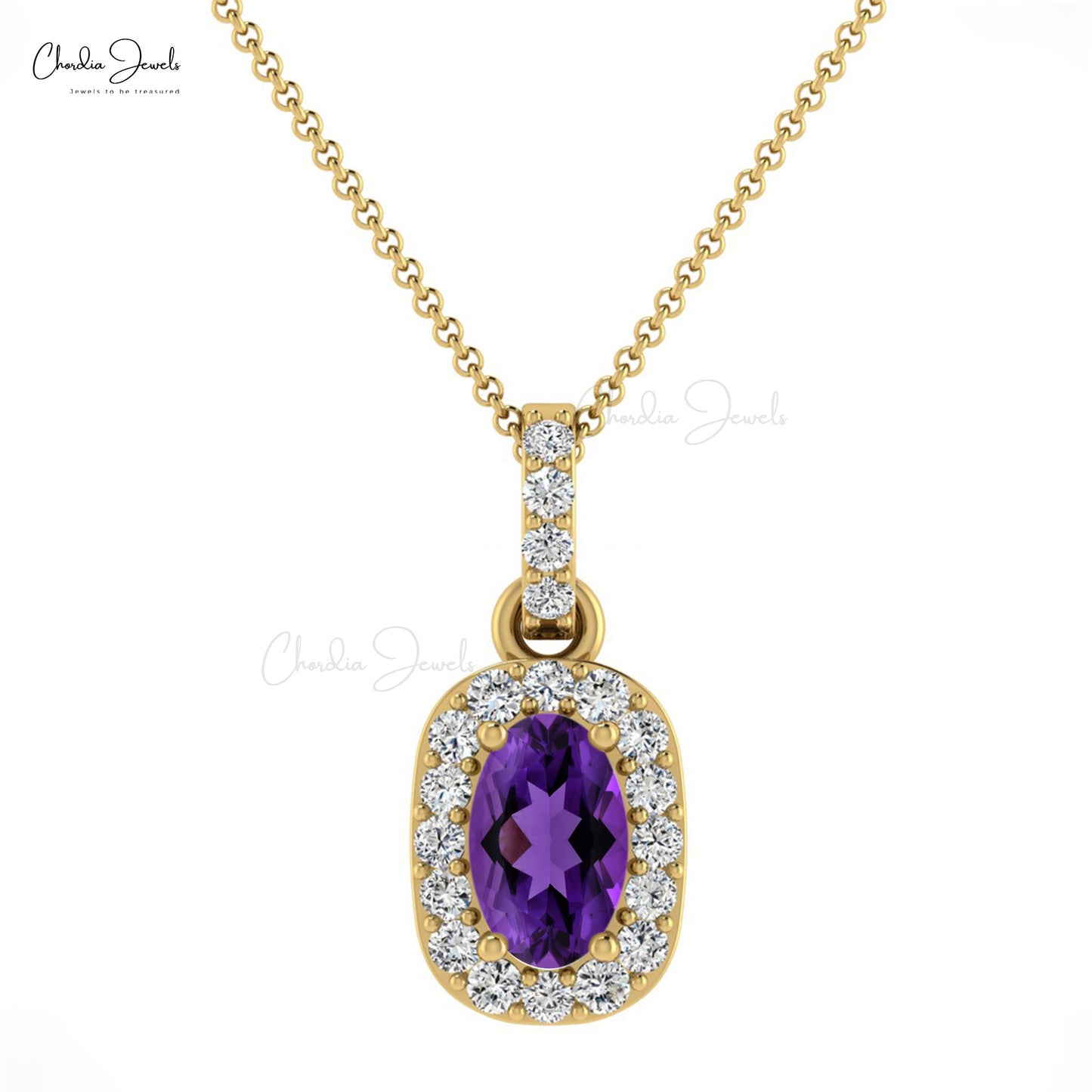 Load image into Gallery viewer, Natural Amethyst Pendant, 14k Solid Gold 7x5mm Gemstone Halo Pendant, February Birthstone Pendant Gift for Her

