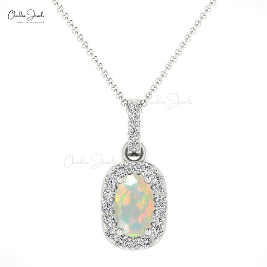 7X5 MM Elegant Fire Opal & Diamond Halo Pendant For Girls