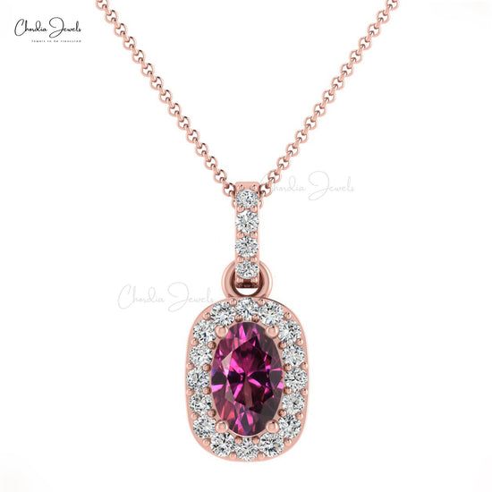 7x5 mm Solid Gold Rhodolite Garnet Diamond Halo Pendant Necklace