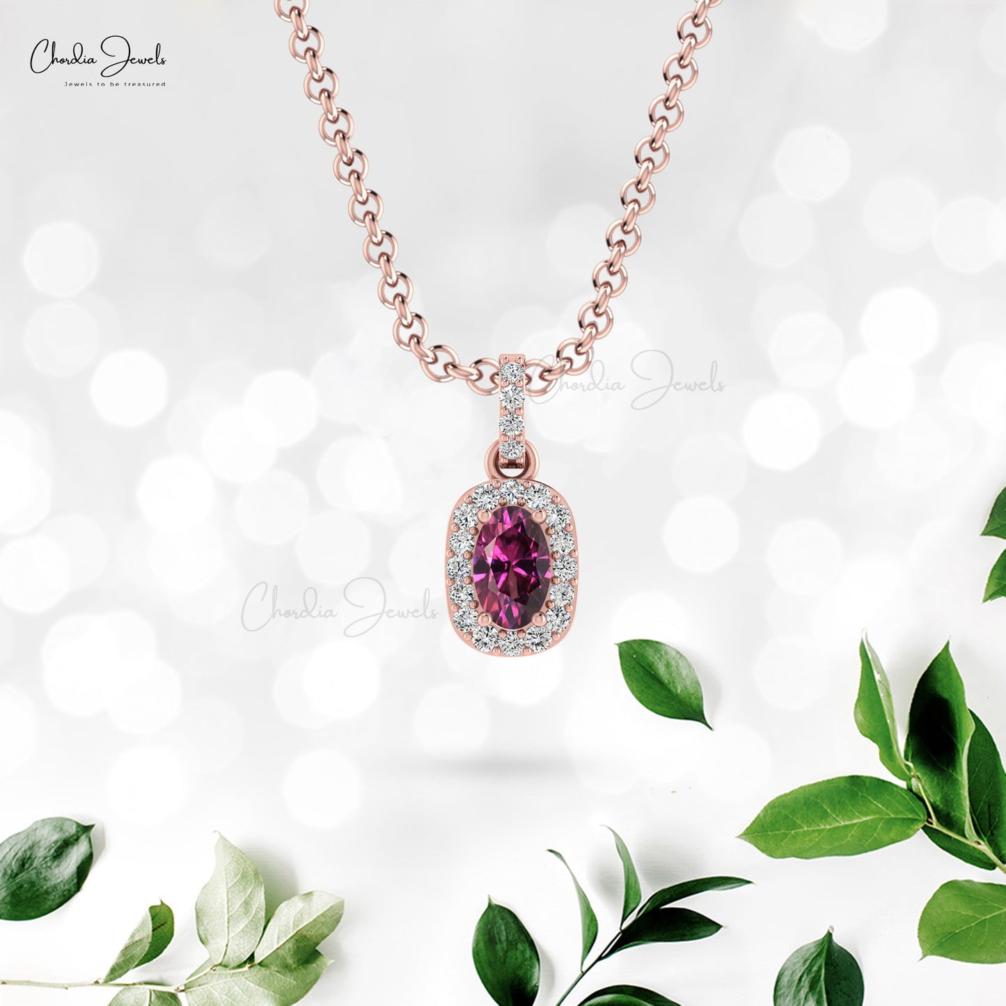 7x5 mm Solid Gold Rhodolite Garnet Diamond Halo Pendant Necklace