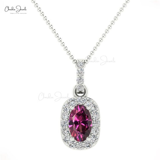 7x5 mm Solid Gold Rhodolite Garnet Diamond Halo Pendant Necklace