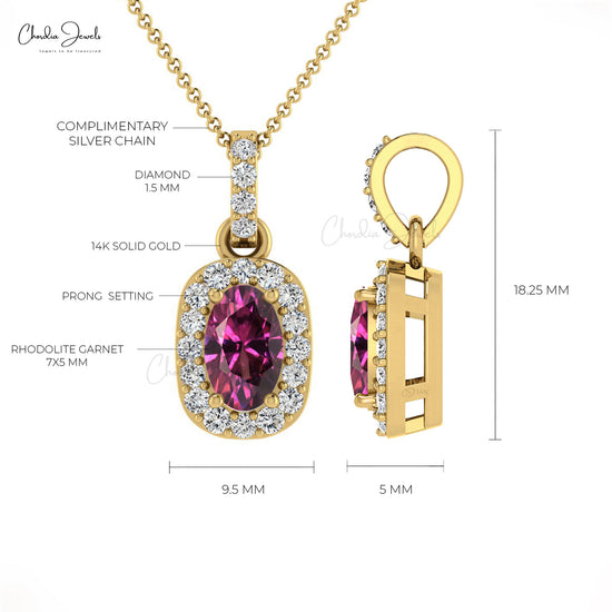 7x5 mm Solid Gold Rhodolite Garnet Diamond Halo Pendant Necklace