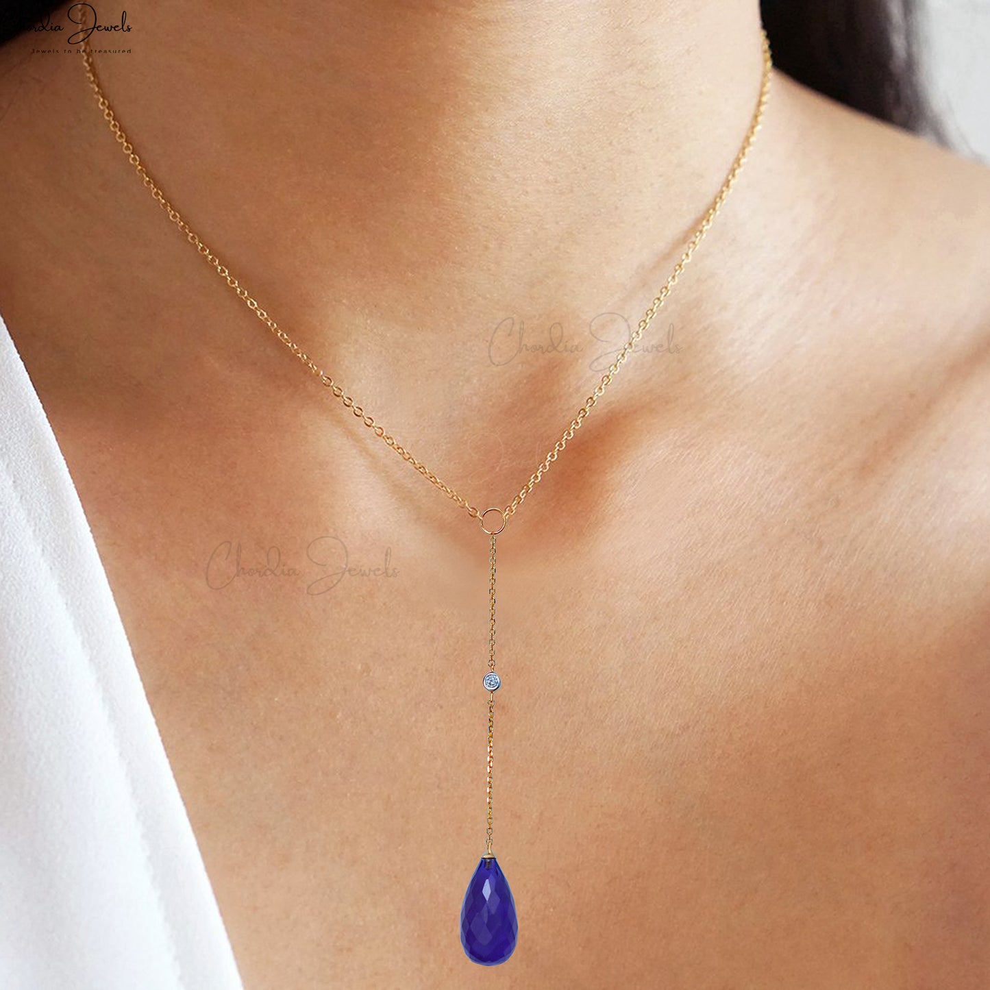Delicate Lariat & Y Necklace Pendant With Natural Purple Amethyst Real 14k Gold Diamond Long Necklace for Women Best Friends Gift