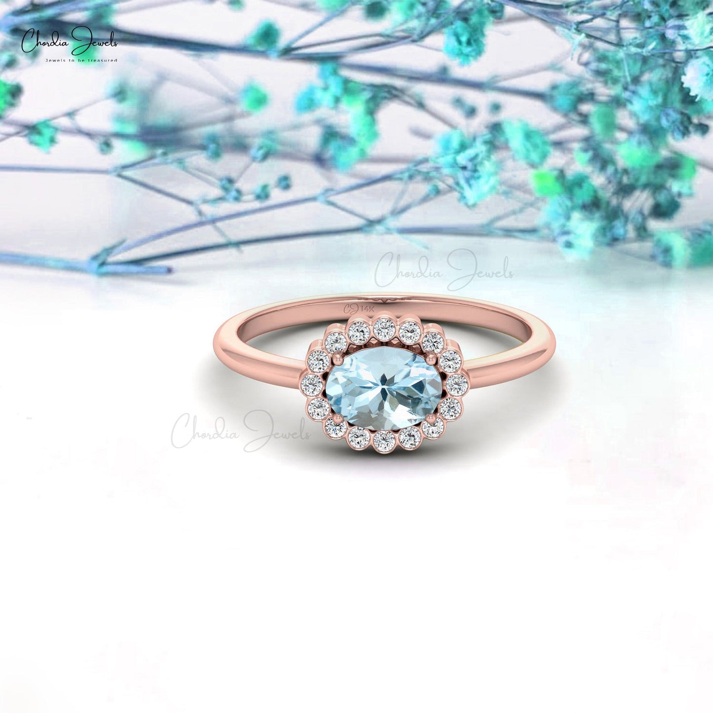 Classic 7x5mm Aquamarine Halo Ring With Diamond Accents