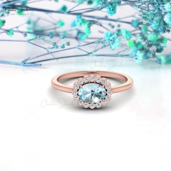 Classic 7x5mm Aquamarine Halo Ring With Diamond Accents