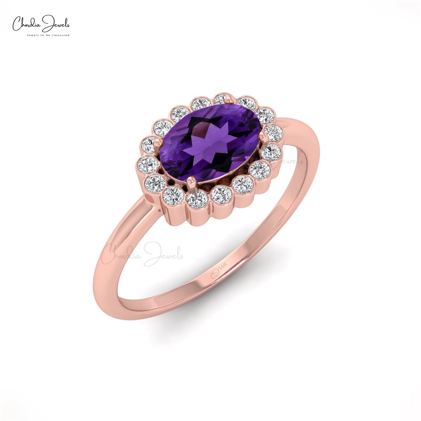 Natural Purple Amethyst Halo Ring in 14k Solid Gold