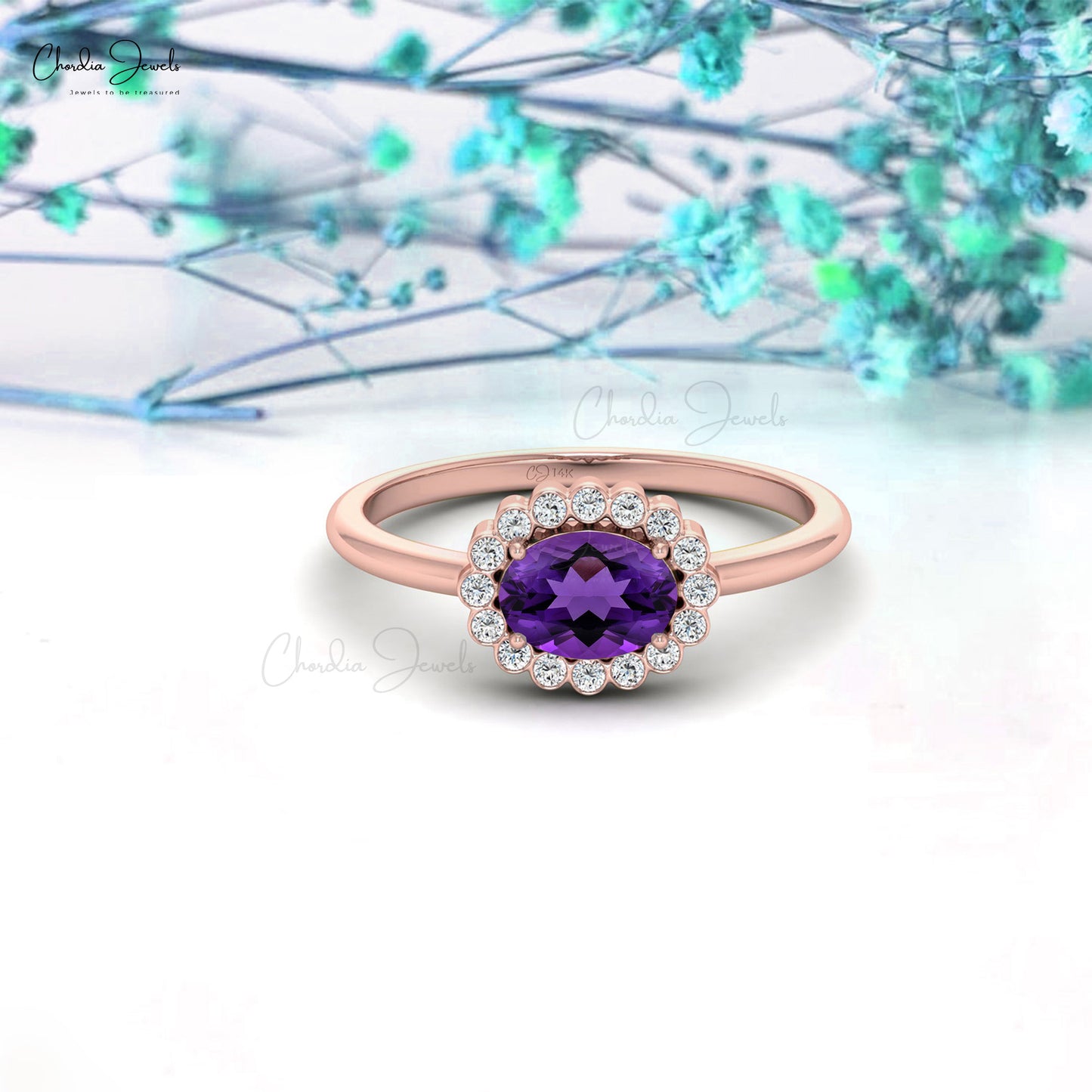 Natural Purple Amethyst Halo Ring in 14k Solid Gold