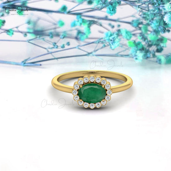 Natural Emerald Solitaire Ring 7x5mm Oval Cut Diamond Halo Ring for Her