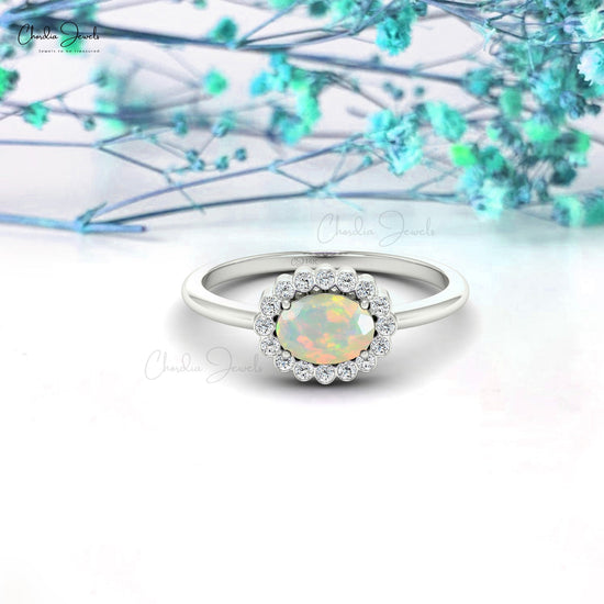 Unique 7x5mm Opal Engagement Ring With Diamond Halo