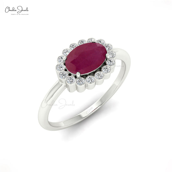 Natural Ruby 7x5 mm Oval Cut Gemstone and Diamond Ring in 14k Solid Gold