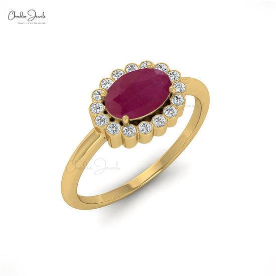 Natural Ruby 7x5 mm Oval Cut Gemstone and Diamond Ring in 14k Solid Gold