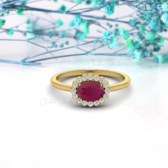 Natural Ruby 7x5 mm Oval Cut Gemstone and Diamond Ring in 14k Solid Gold