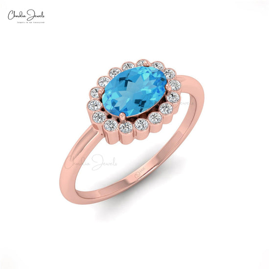 0.99 Carats Swiss Blue Topaz and Diamond Halo Ring For Anniversary in 14k Solid Gold - Chordia Jewels