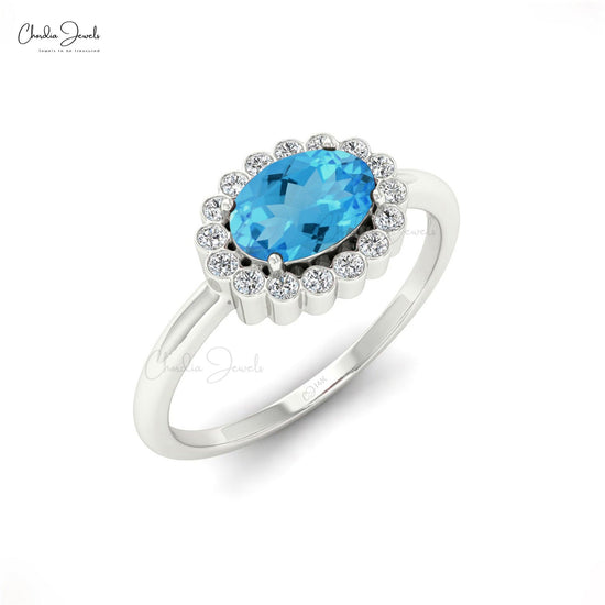 0.99 Carats Swiss Blue Topaz and Diamond Halo Ring For Anniversary in 14k Solid Gold - Chordia Jewels