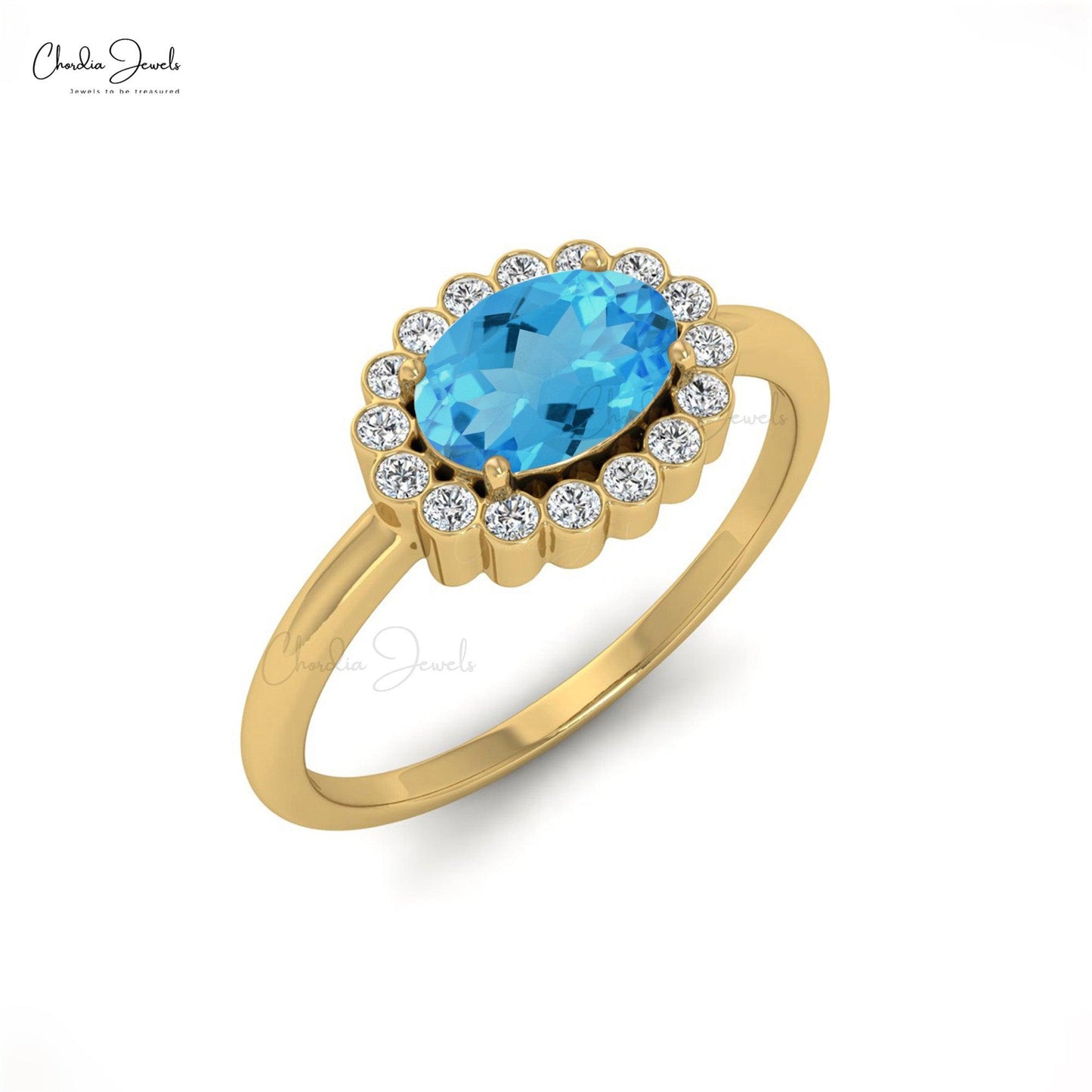 0.99 Carats Swiss Blue Topaz and Diamond Halo Ring For Anniversary in 14k Solid Gold - Chordia Jewels