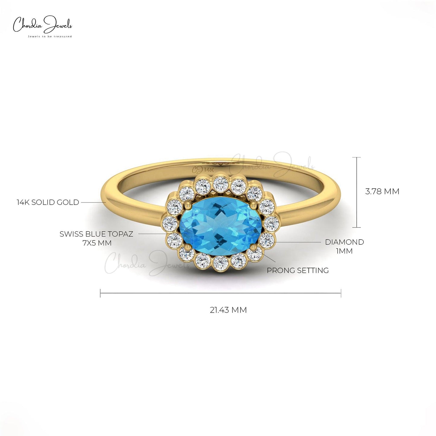 0.99 Carats Swiss Blue Topaz and Diamond Halo Ring For Anniversary in 14k Solid Gold - Chordia Jewels