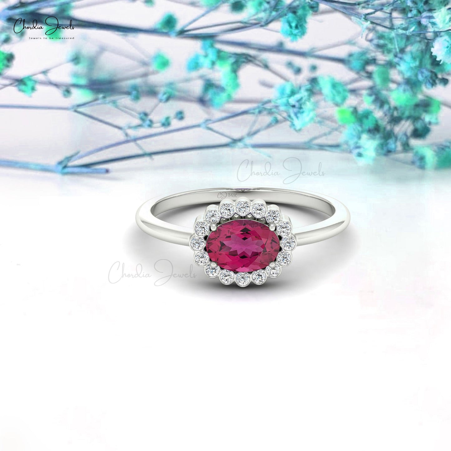 7x5mm Tourmaline Halo Engagement Ring with Bezel Diamond