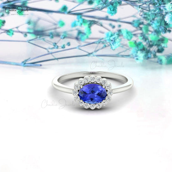Halo Ring With Genuine Tanzanite & Diamond 14k Solid Gold 0.8ct December Birthstone Ring