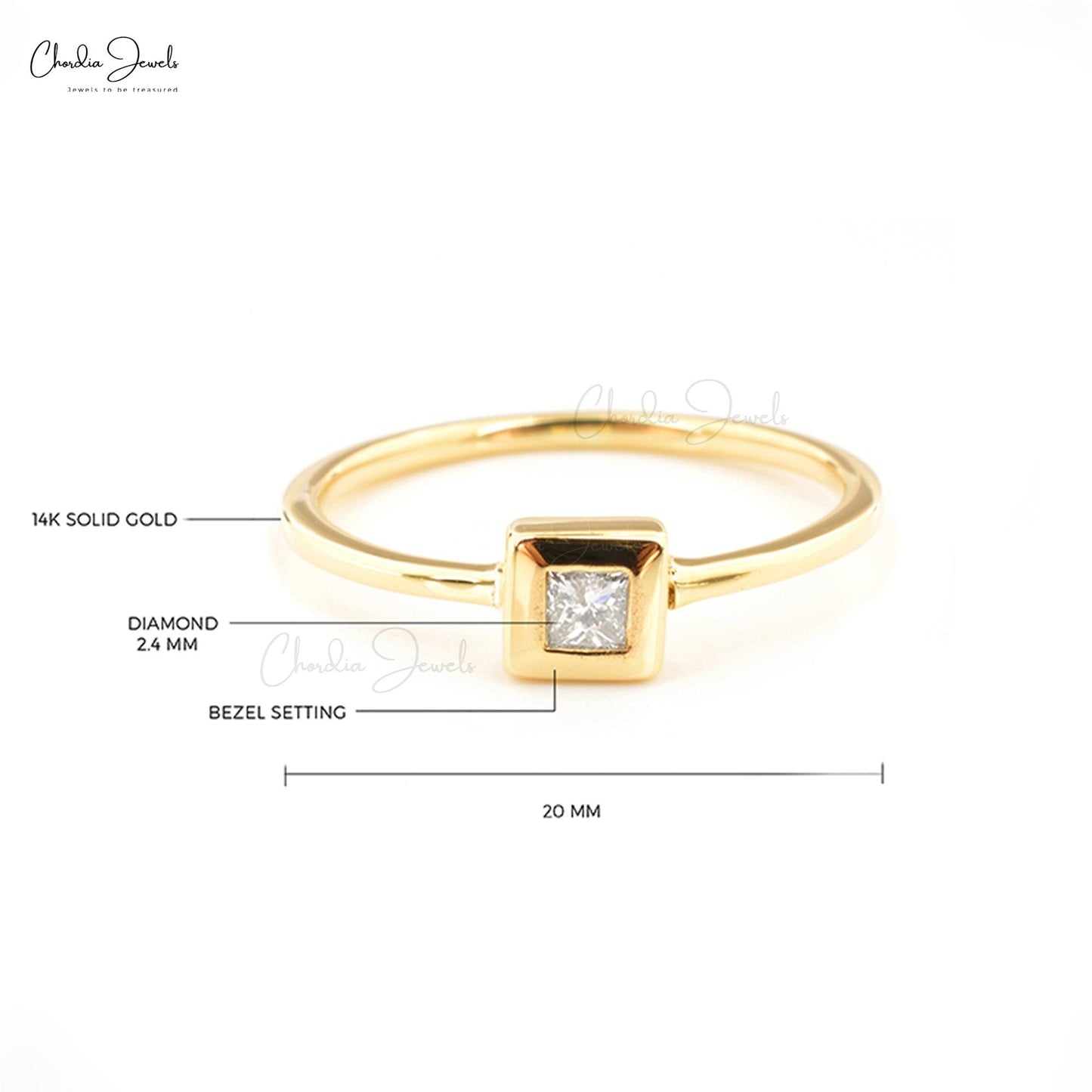 0.07 Carat Natural White Diamond Ring, 14k Solid Yellow Gold 2.4mm Square Princess Cut Bezel Set Ring, Engagement Ring Gift for Her - Chordia Jewels