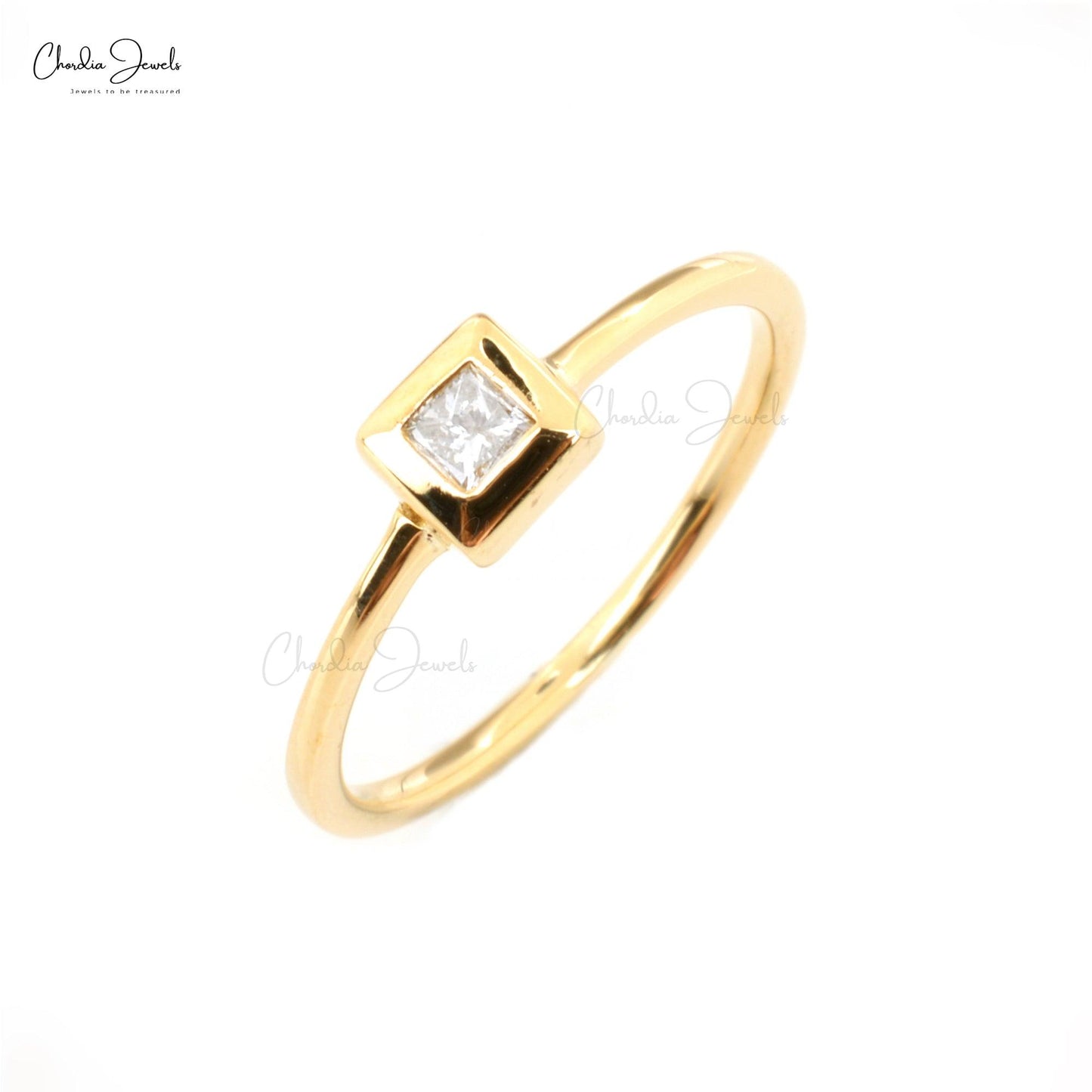 0.07 Carat Natural White Diamond Ring, 14k Solid Yellow Gold 2.4mm Square Princess Cut Bezel Set Ring, Engagement Ring Gift for Her - Chordia Jewels