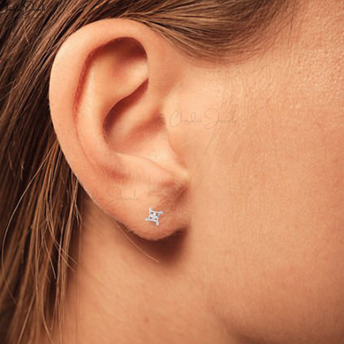 Minimalist Diamond Flower Stud Earring 1.6mm Brilliant Round Cut Earrings 14k Solid White Gold Earrings For Her
